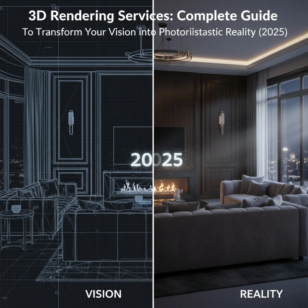 3D rendering services guide transforming wireframe vision to photorealistic reality, showing a luxury living room.