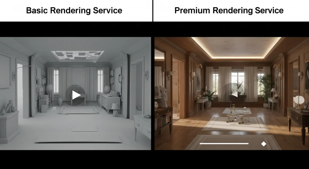 Split-screen image comparing two 3D interior renderings: "Basic Rendering Service" (greyscale, untextured) versus "Premium Rendering Service" (fully textured, realistic lighting).