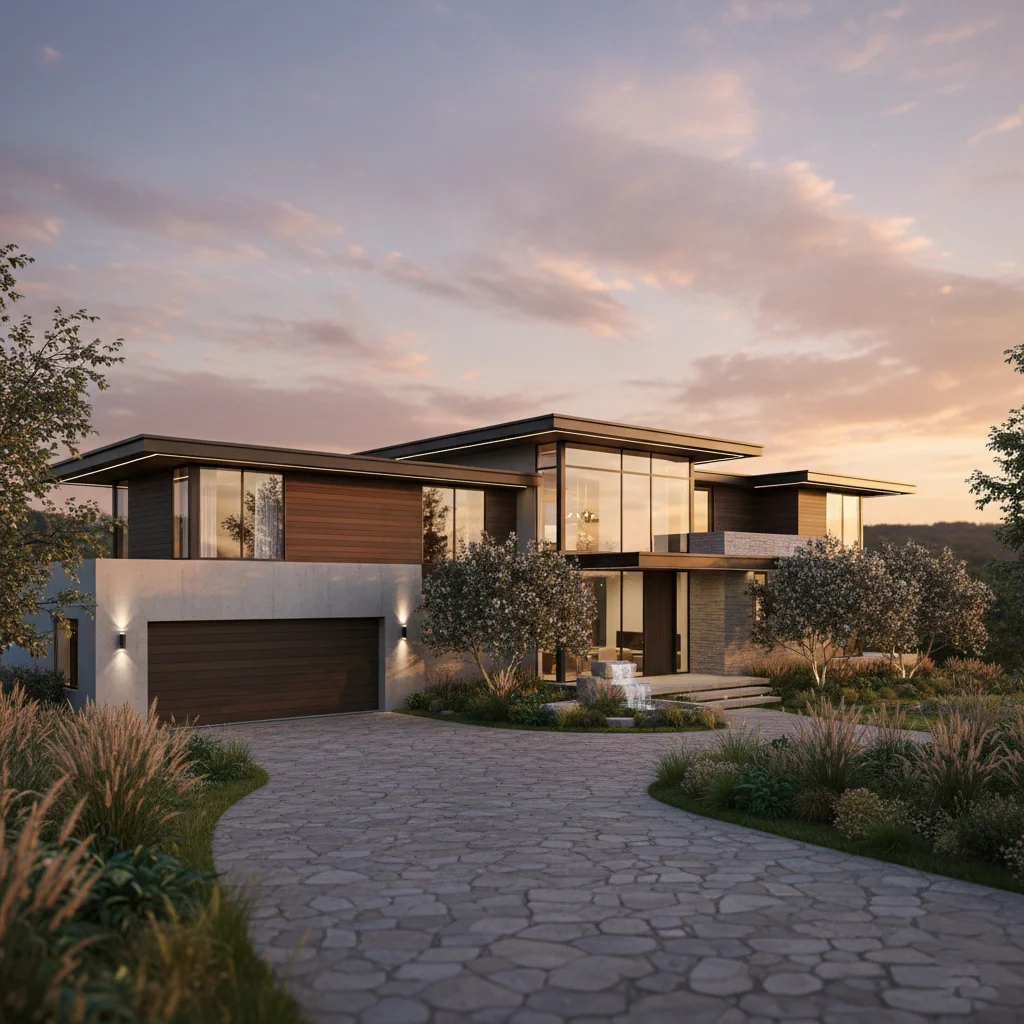Custom modern house 3D rendering with stone driveway and landscaped garden at sunset.
