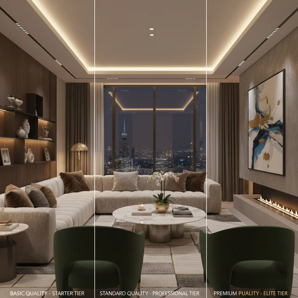3D interior rendering quality comparison: basic, standard, and premium tiers for living room.