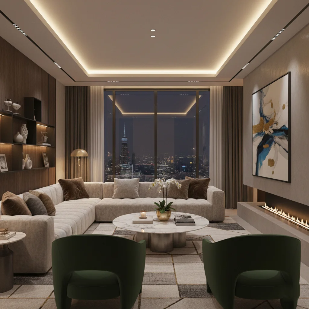 Luxury living room 3D rendering with city view, modern furniture, and fireplace.