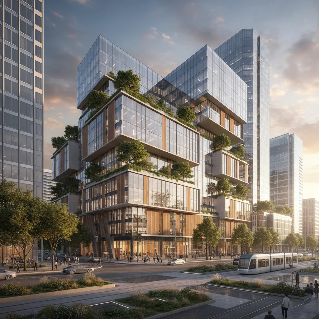 Modern commercial building 3D rendering with green roofs, urban street, and tram.