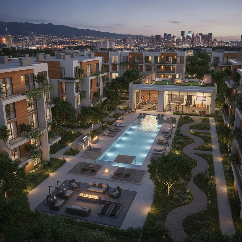 Aerial 3D rendering of a modern residential complex at dusk, showing buildings, a lit pool, outdoor lounges, and gardens with a city and mountains in the background.