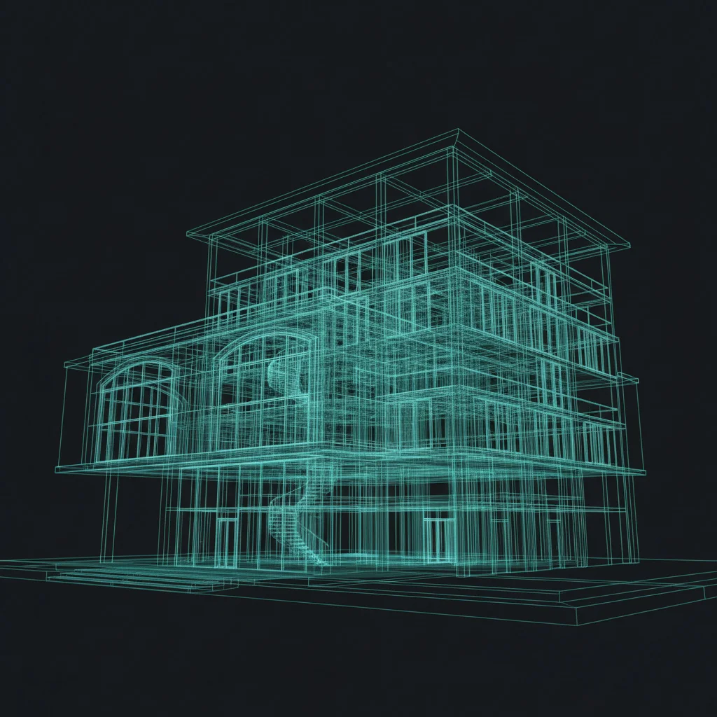 Detailed cyan 3D wireframe model of a multi-story building, showing its architectural structure and internal spiral staircase against a dark background.