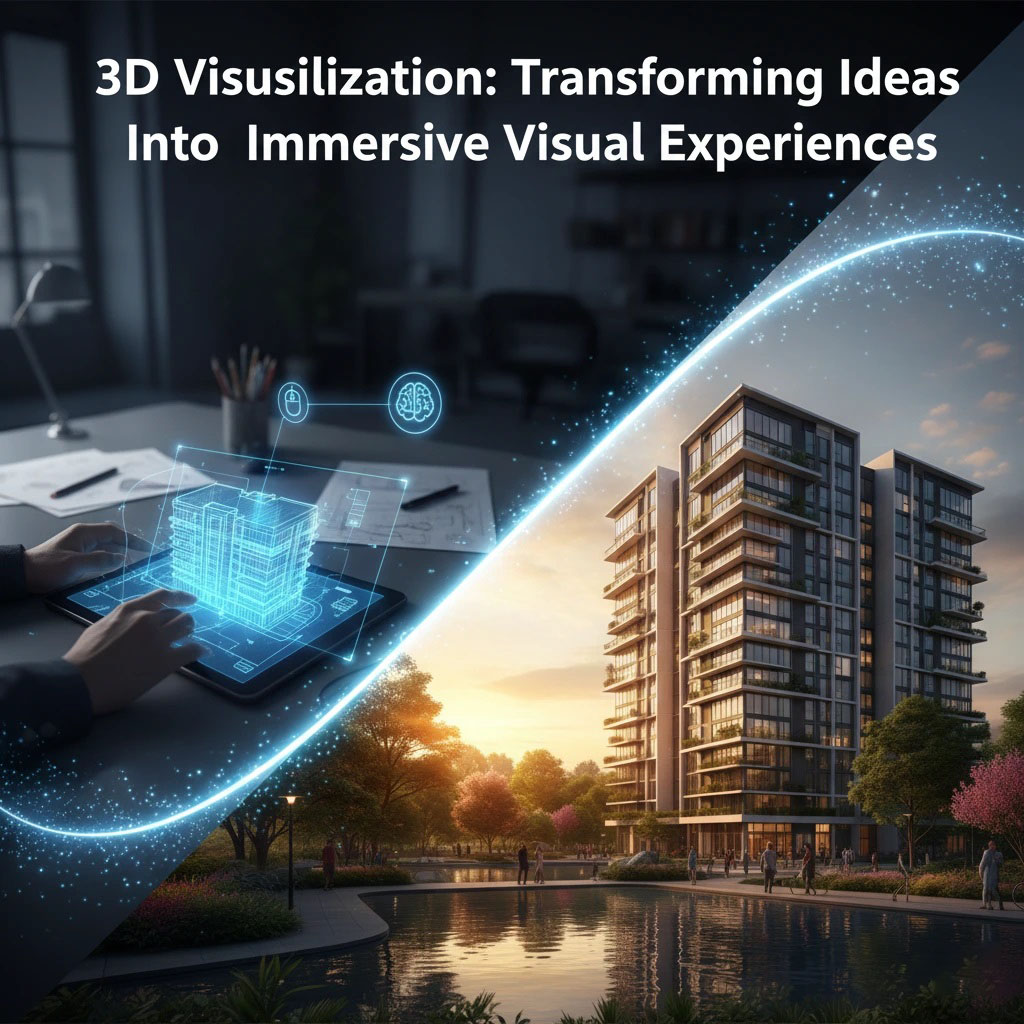 Split-screen graphic showing a glowing 3D wireframe on a tablet transitioning into a photorealistic modern apartment building at sunset, titled "3D Visualization: Transforming Ideas Into Immersive Visual Experiences".