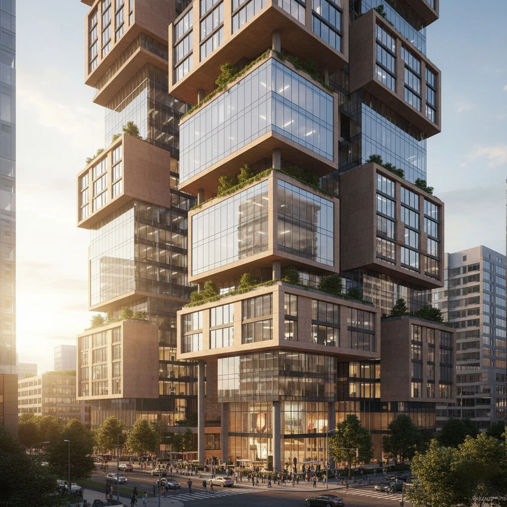 Photorealistic 4K 3D rendering of a modern modular building with glass and stone facades in a detailed urban setting at sunset.