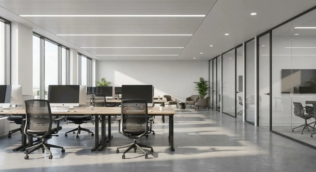Photorealistic 3D rendering of a modern open-plan office featuring ergonomic workstations, glass partitions, and realistic natural lighting.
