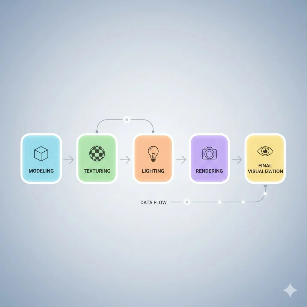 Workflow diagram illustrating the stages of 3D rendering services including modeling, texturing, lighting, rendering, and final visualization.