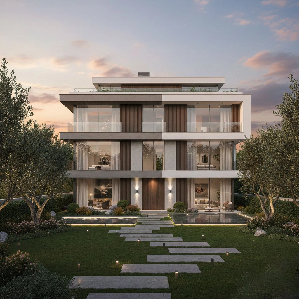 Photorealistic rendering of a modern luxury residential building exterior at sunset, featuring landscaping and a stone path.