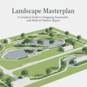 3D landscape masterplan showing a sustainable outdoor space with greenery, water features, and modern walkways.