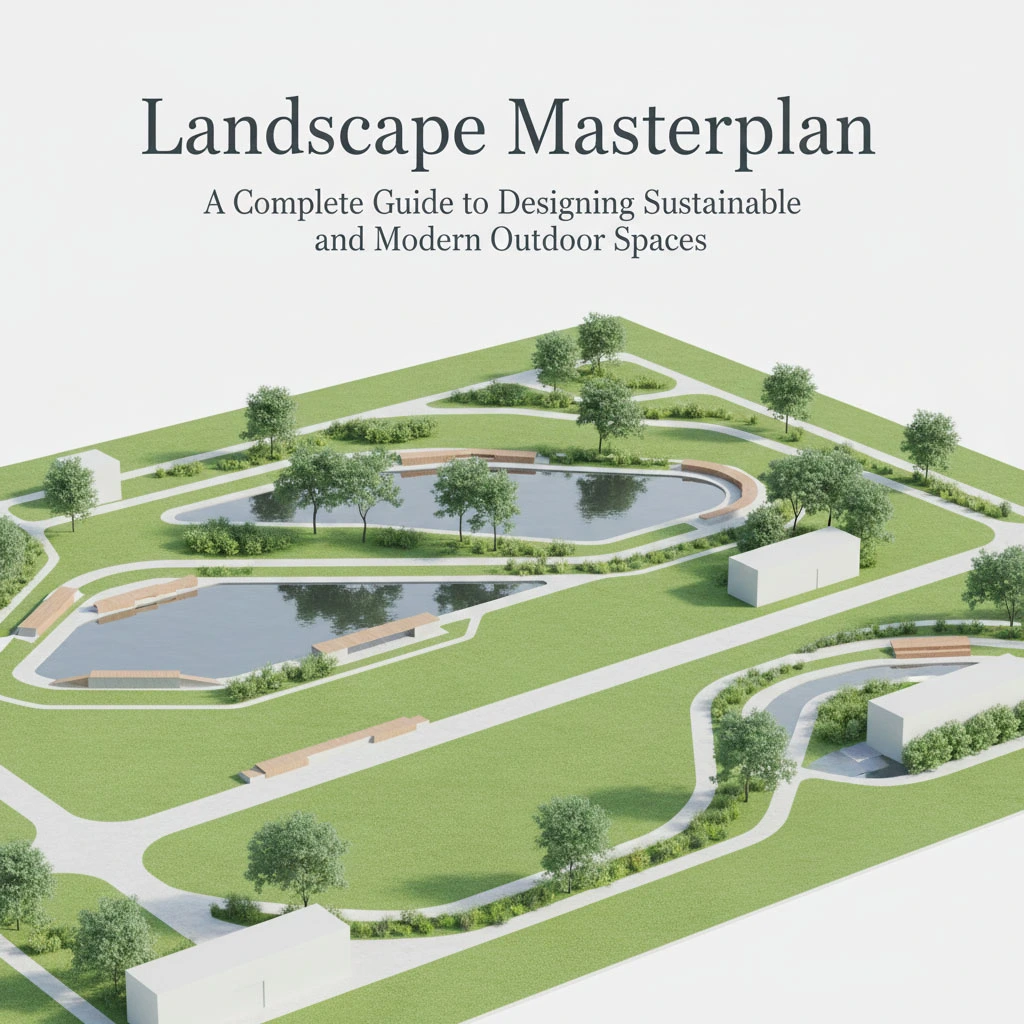 3D landscape masterplan showing a sustainable outdoor space with greenery, water features, and modern walkways.