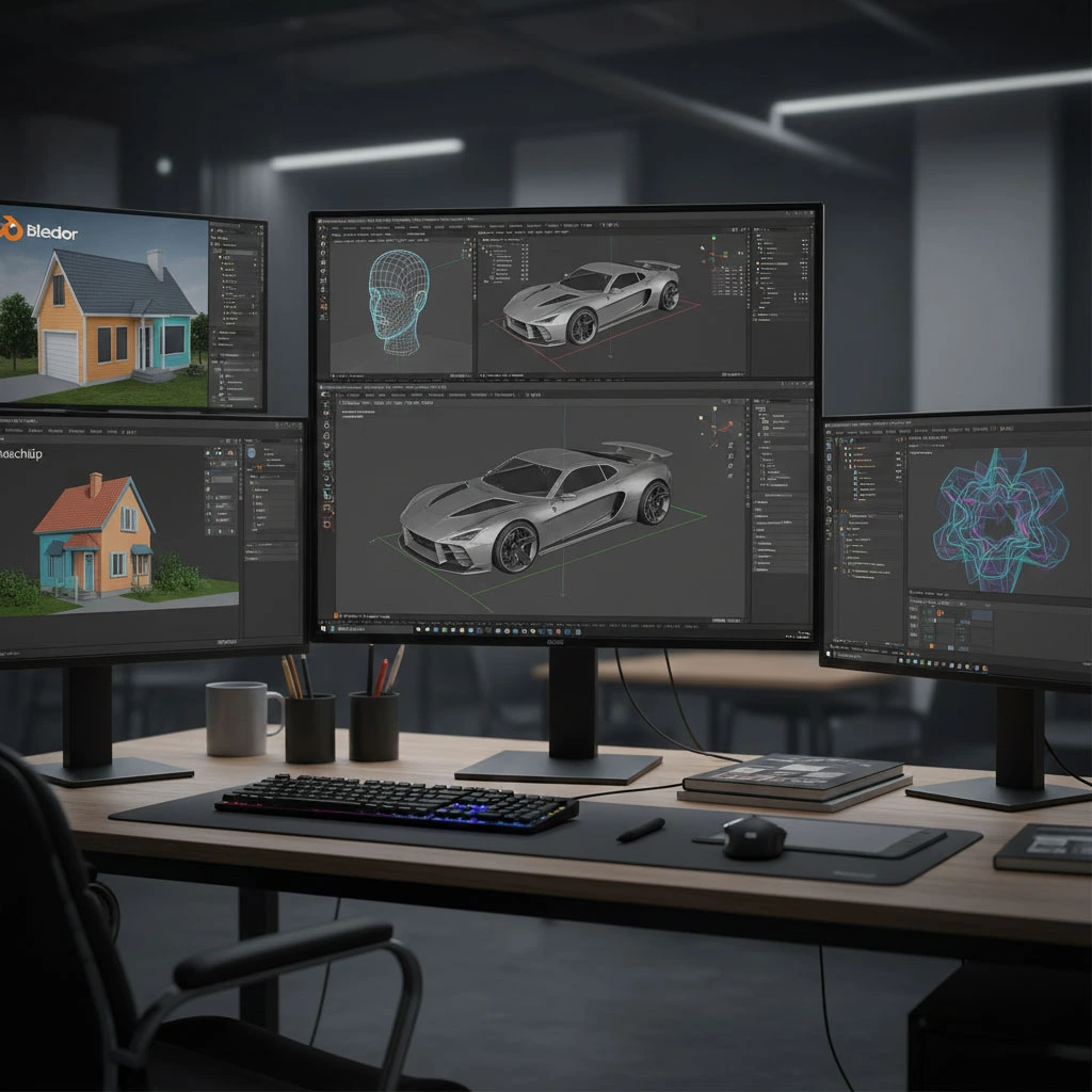Professional workstation with multiple monitors displaying 3D visualization software interfaces, including architectural models and a sports car render.