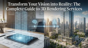 Header image for an article on 3D rendering services, contrasting a digital building wireframe on a tablet with a final photorealistic rendering of the structure.