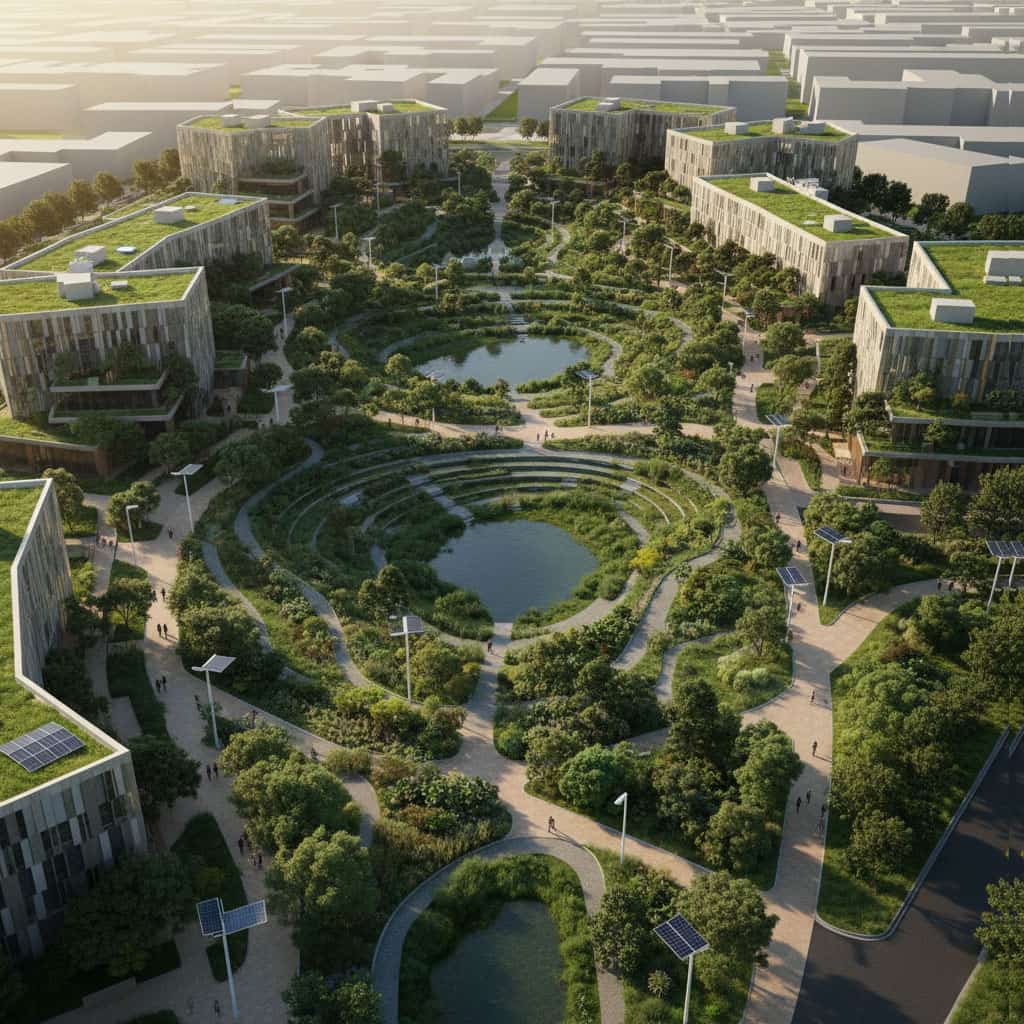 High-angle 3D architectural visualization of an urban development with green roofs, bioswales, and solar lighting.