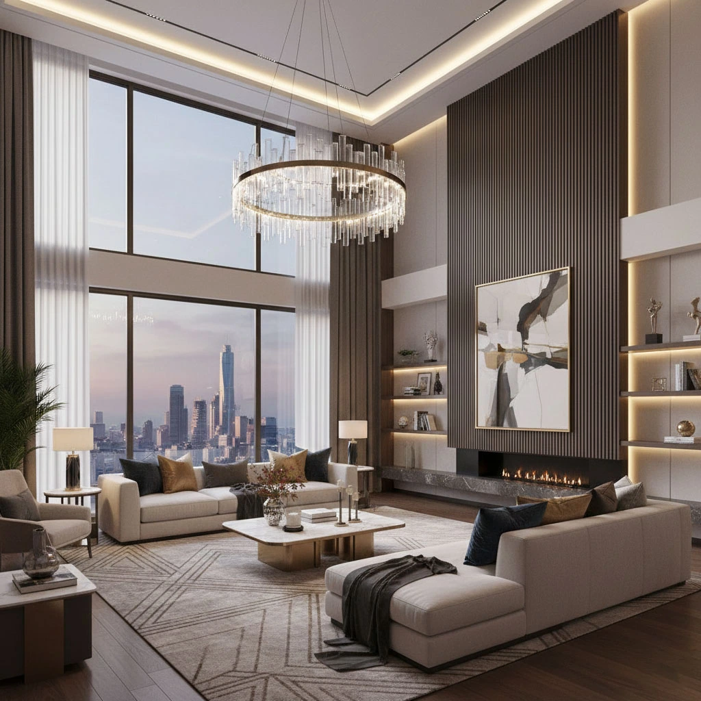 3D architectural visualization of a luxury, modern living room with a city skyline view, a crystal chandelier, and a dark wood fireplace feature wall.