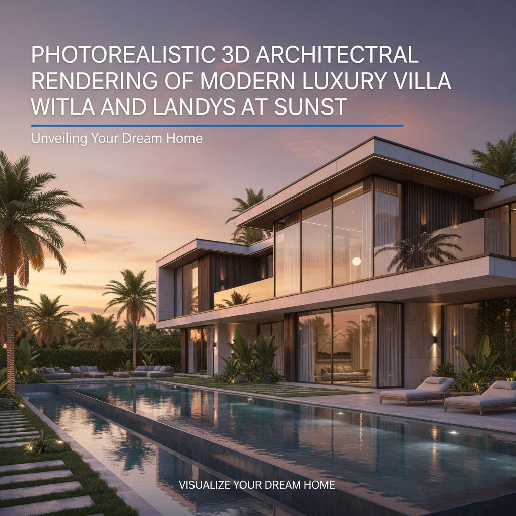 Photorealistic 3D architectural rendering of a modern luxury villa exterior with a pool, landscaping, and palm trees at sunset.