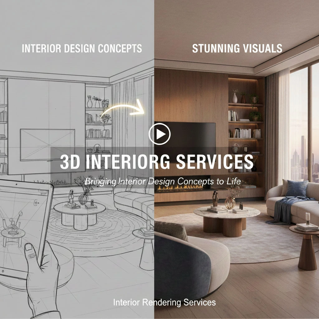 Split-screen comparison showing a digital interior sketch on a tablet versus a finished luxury living room render.