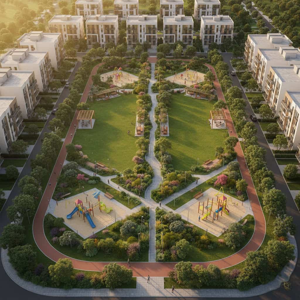 Aerial 3D landscape rendering of a modern housing society with central parks, playgrounds, and jogging tracks.