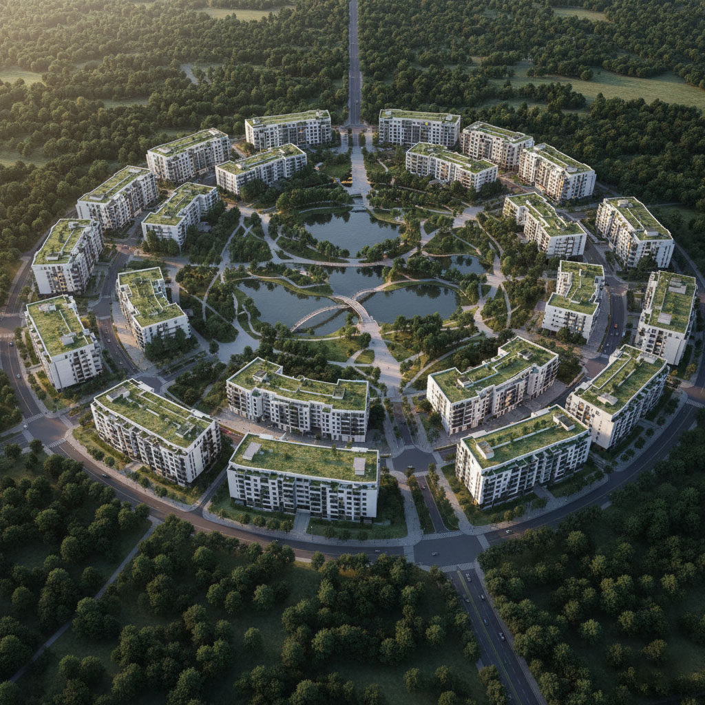 Aerial 3D visualization of a circular urban development with sustainable buildings, central parks, and water bodies.