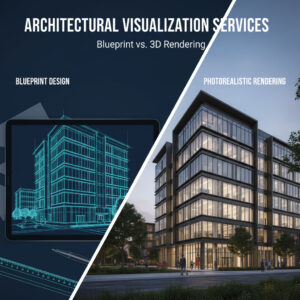 Header image showing a diagonal comparison of a blue architectural blueprint on the left with a photorealistic 3D rendering of the same modern office building on the right, advertising 3D rendering services.