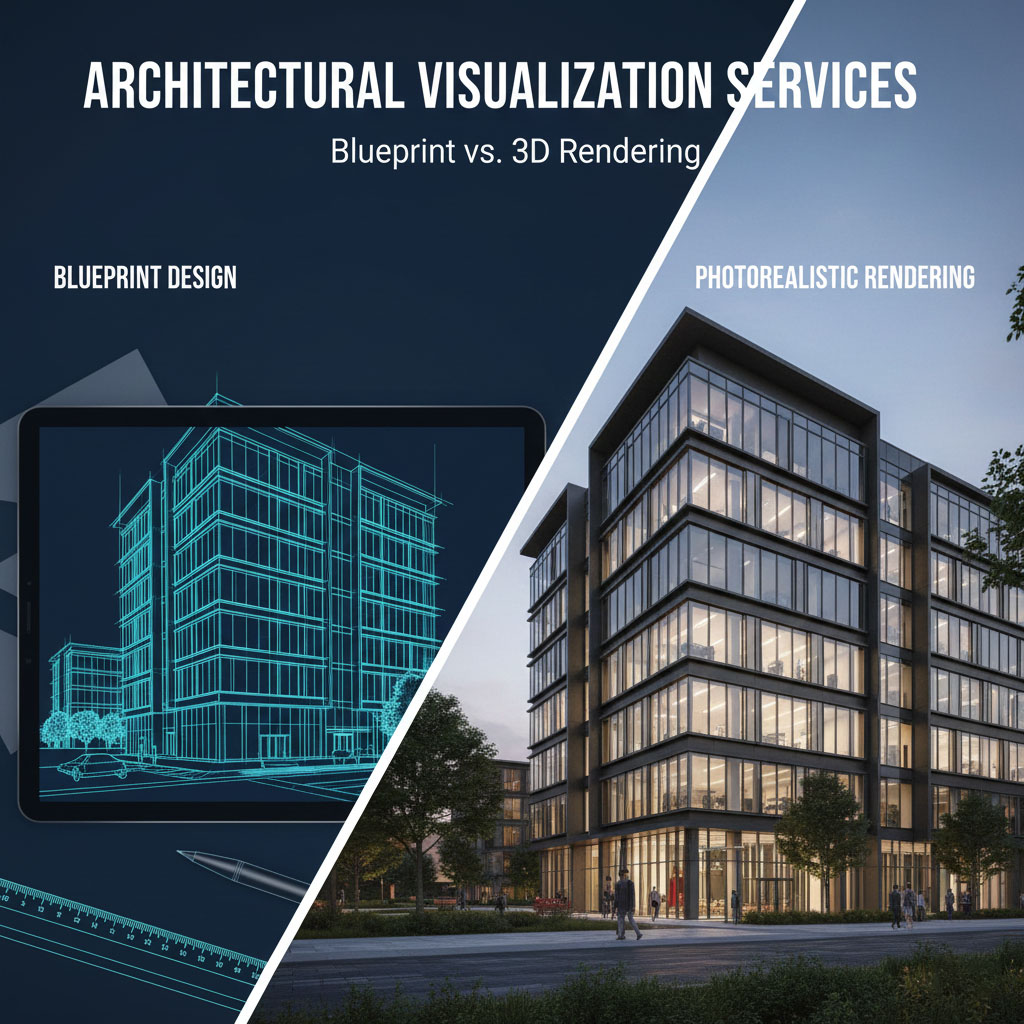 Header image showing a diagonal comparison of a blue architectural blueprint on the left with a photorealistic 3D rendering of the same modern office building on the right, advertising 3D rendering services.