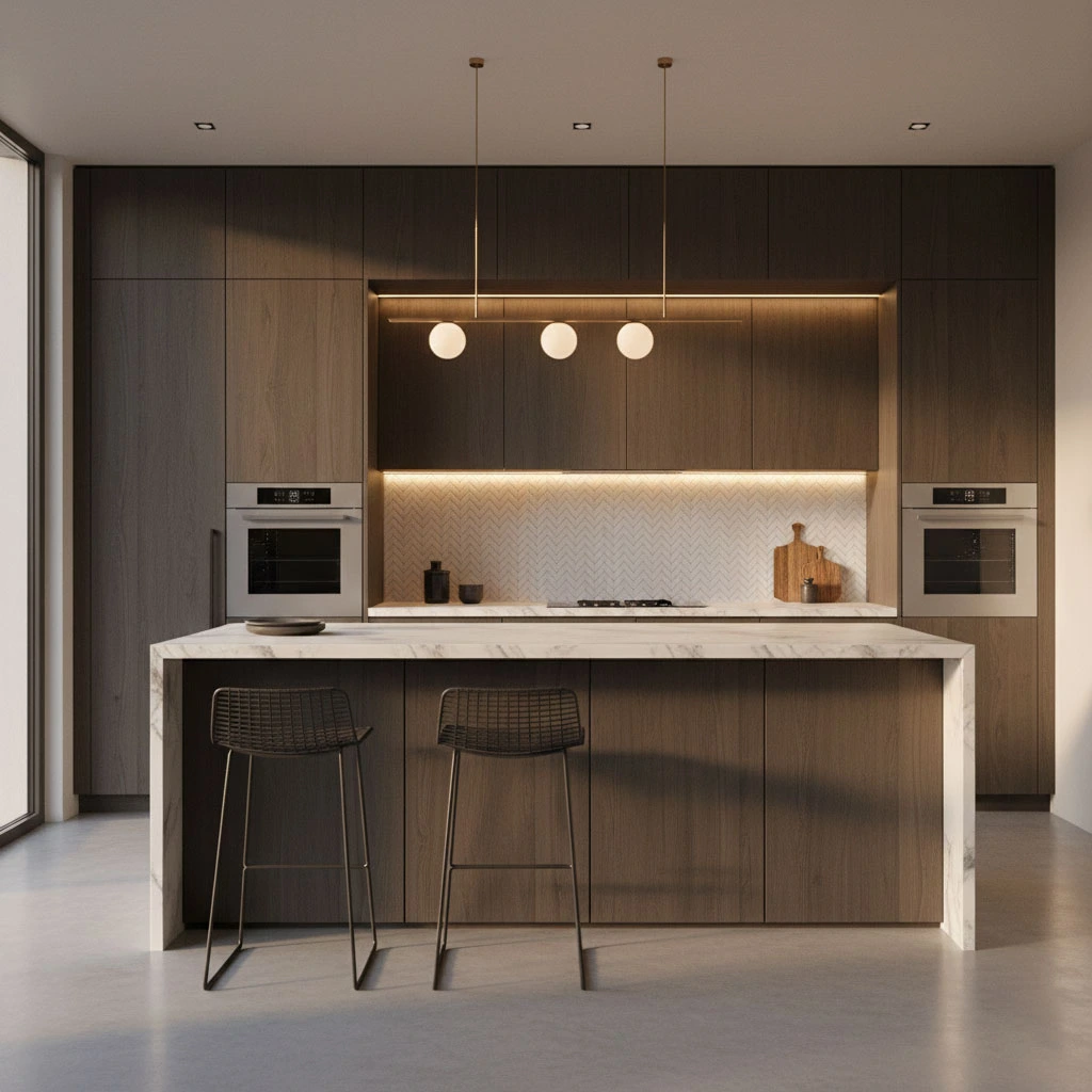 Photorealistic 3D rendering of a modern kitchen with dark wood cabinets, a marble waterfall island, and globe pendant lighting.
