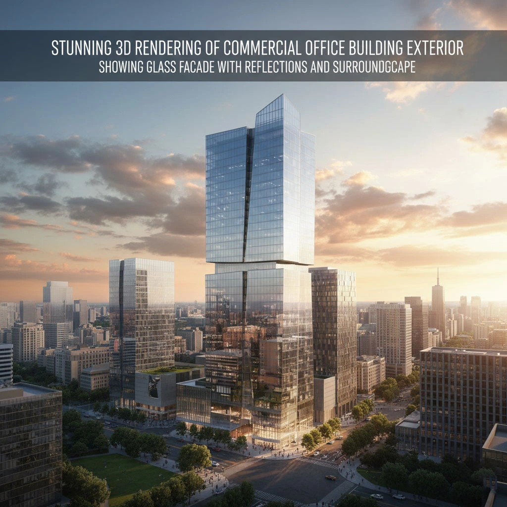 Photorealistic 3D rendering of a modern, towering commercial office building with a reflective glass facade, set against a cityscape backdrop at sunset.