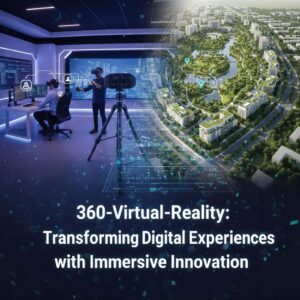 Split-screen composite of a VR tech studio and a 3D urban masterplan with the headline "360-Virtual-Reality: Transforming Digital Experiences."