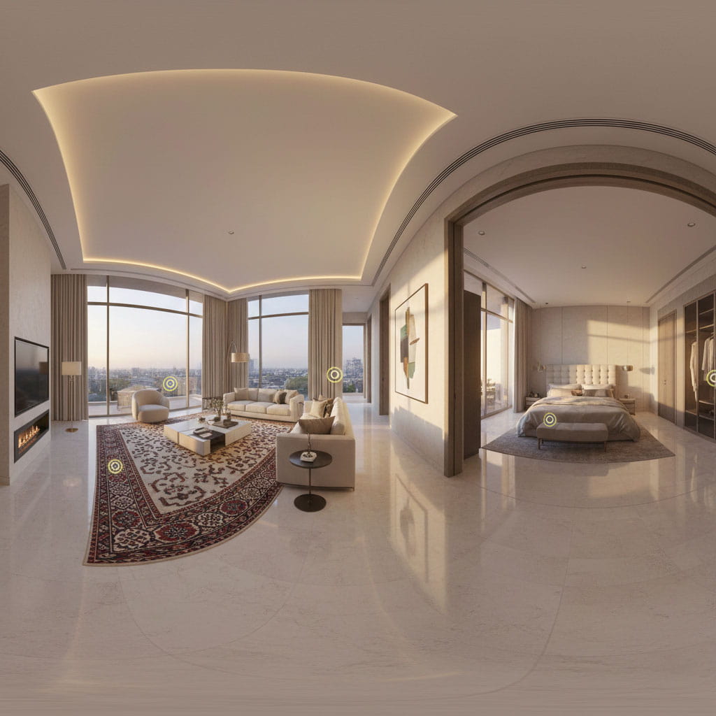 Panoramic 360-degree VR view of a luxury Pakistani apartment featuring a modern living room, bedroom, and interactive hotspots.